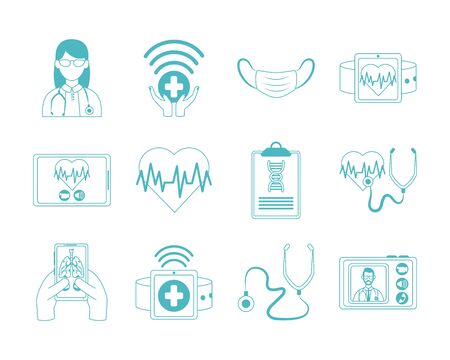 online doctor, physician technology consultant medical protection covid 19 icons set vector illustration, line style iconのイラスト素材