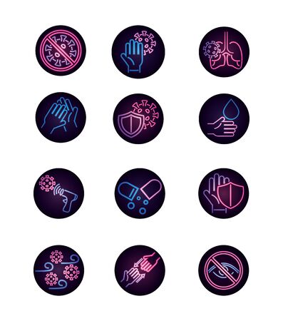 covid 19 coronavirus pandemic disease respiratory medical icons set neon style iconのイラスト素材