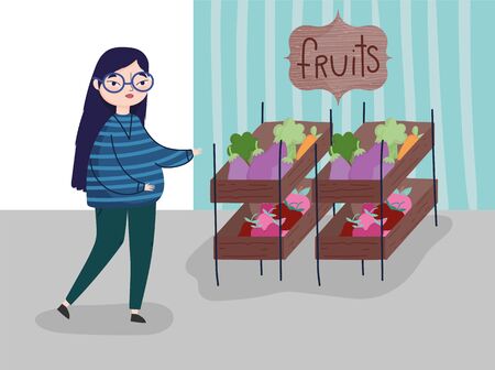young woman with shelf market with fruits leisure vector illustrationのイラスト素材