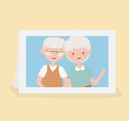 old people, cute couple grandparents in photo frameのイラスト素材