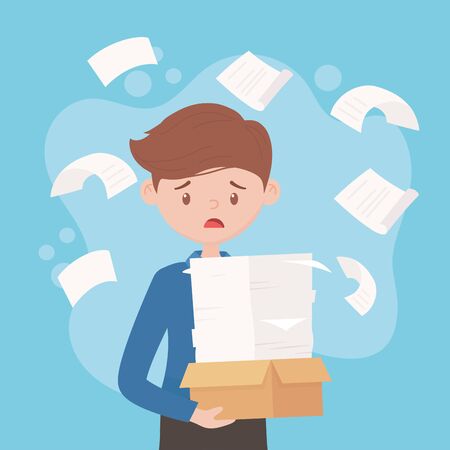 stressed employee papers and falling documents office workのイラスト素材