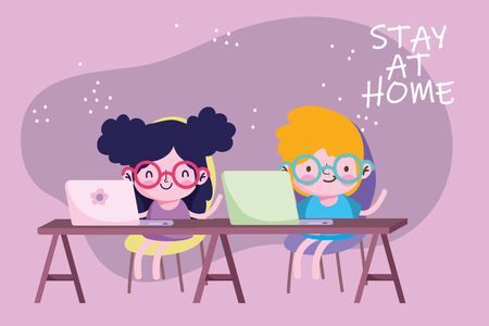 education online, stay at home, kids students with laptop study in deskのイラスト素材