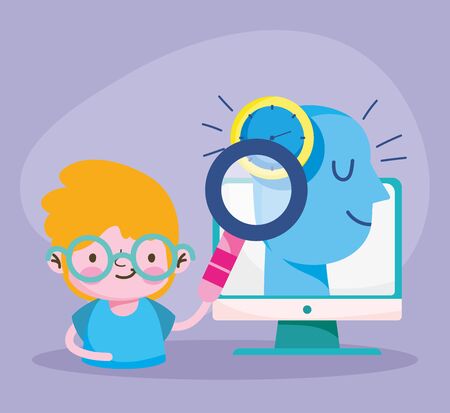 education online, student boy with magnifier computerのイラスト素材