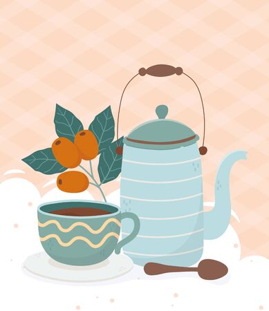 coffee time, teapot coffee cup spoon seeds fresh beverage vector illustrationのイラスト素材
