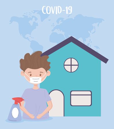 covid 19 quarantine, boy medical mask and disinfectant sprayのイラスト素材