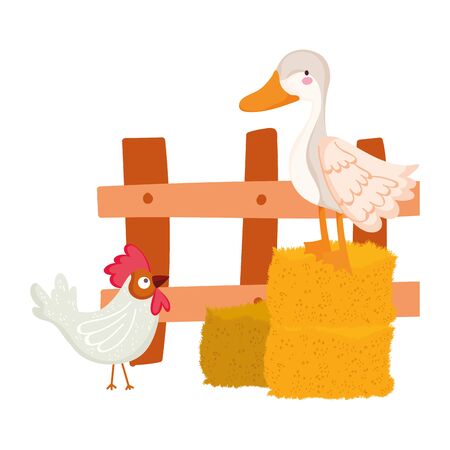 farm animals goose and rooster hay wooden fence cartoonのイラスト素材