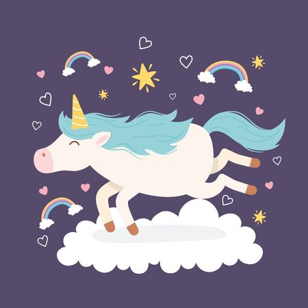unicorn running cloud rainbow love magical fantasy cartoon cute animal vector illustrationのイラスト素材