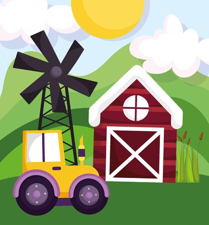 farm animals tractor barn windmill field cartoonのイラスト素材