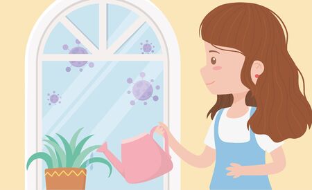 stay at home quarantine, woman with watering can potted plant windowのイラスト素材