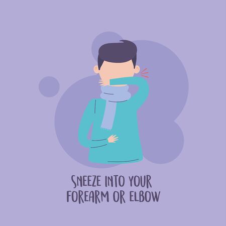 covid 19 pandemic infographic, prevention sneeze into your forearm or elbowのイラスト素材