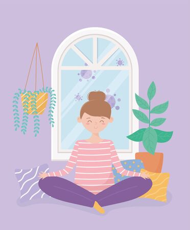 quarantine stay home, woman in meditation pose in room with plant windowのイラスト素材