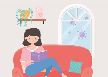 quarantine stay at home, young woman reading book sitting on red sofa cartoonのイラスト素材