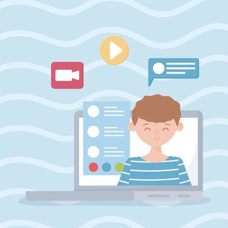 meeting online, man on screen laptop chat message workのイラスト素材
