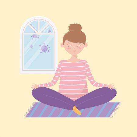 quarantine stay at home, happy woman in yoga lotus pose meditation cartoonのイラスト素材