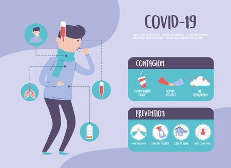 covid 19 pandemic infographic, coronavirus outbreak, prevent and contagion itemsのイラスト素材