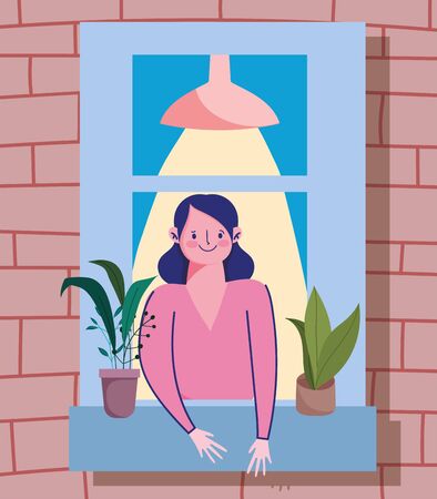 stay home quarantine, woman looking at the window with plant in pot, facade of the brick buildingのイラスト素材
