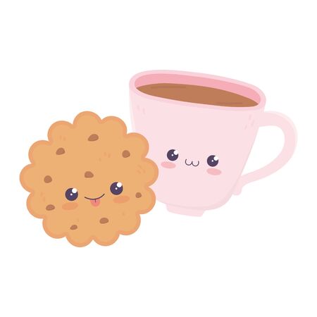 cute coffee cup and cookie kawaii cartoon character vector illustrationのイラスト素材
