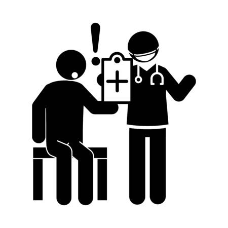 coronavirus covid 19, doctor and patient with medical report, health pictogram vector illustration, silhouette style iconのイラスト素材