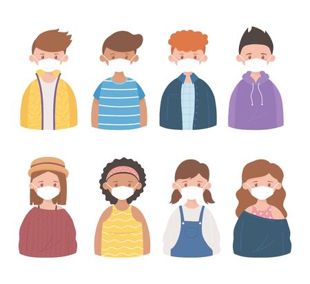 people with protective medical face masks, prevention coronavirus outbreak disease covid 19のイラスト素材