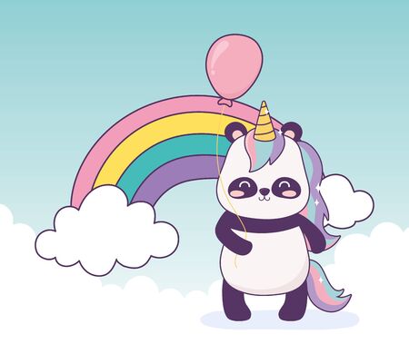 panda with unicorn and balloon rainbow decoration cartoonのイラスト素材