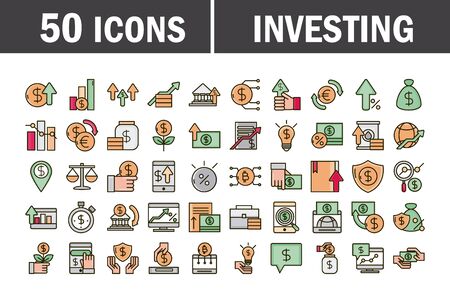 investing business financial economy money icons set line and fill iconのイラスト素材