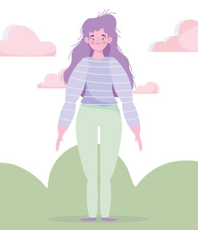woman character cartoon standing in grass outdoor cartoon vector illustrationのイラスト素材