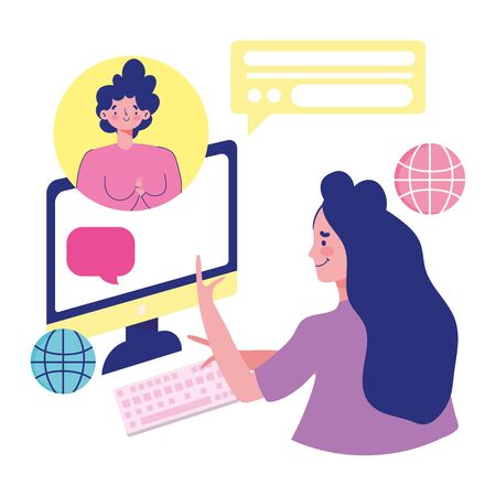 meeting online, women computer speech conversation dialogue internetのイラスト素材