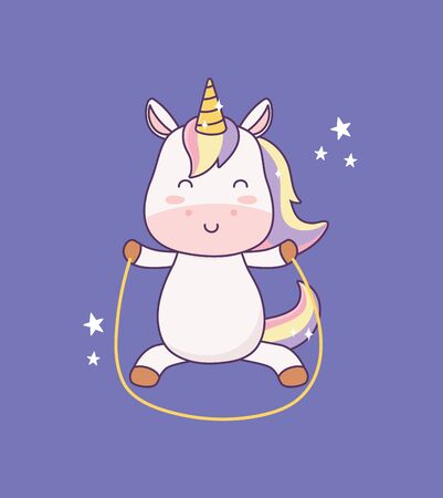 kawaii little unicorn with jump rope cartoon character magical fantasy vector illustrationのイラスト素材