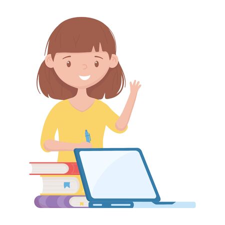 School girl with pen books and laptop vector designのイラスト素材
