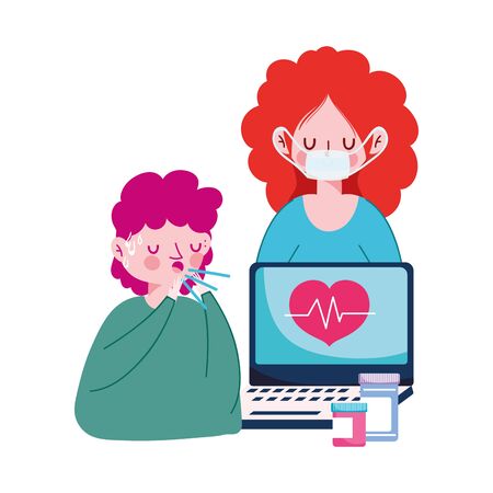 Man and woman with dry cough mask laptop and medicine jars vector designのイラスト素材