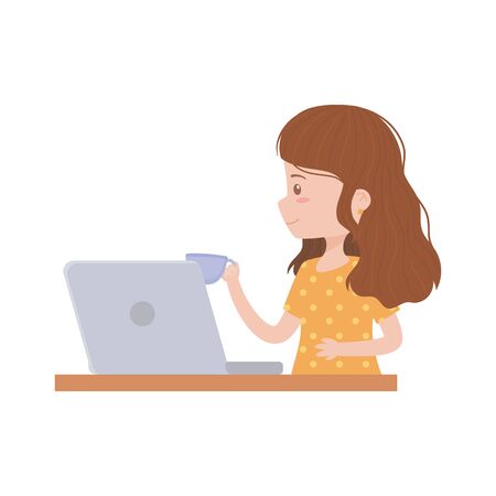 stay at home, young women working with laptop and coffee cupのイラスト素材