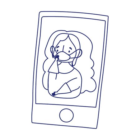 covid 19 coronavirus, smartphone girl with mask and medical gloves, icon white backgroundのイラスト素材