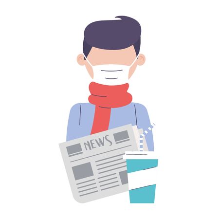 covid 19 quarantine, man wear medical mask scarf with newspaper and disposable cup vector illustrationのイラスト素材