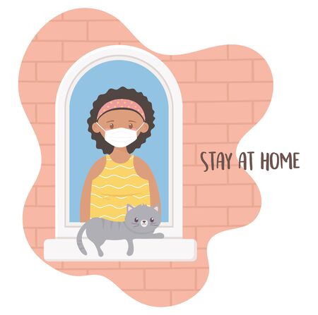stay at home, young woman with medical mask and cat in the windowのイラスト素材