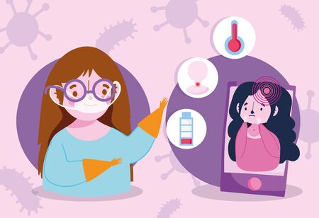 covid 19 coronavirus, girl with mask and gloves, smartphone video callのイラスト素材