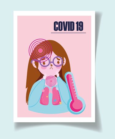 covid 19 coronavirus, girl symptoms fever headache and chest pain posterのイラスト素材