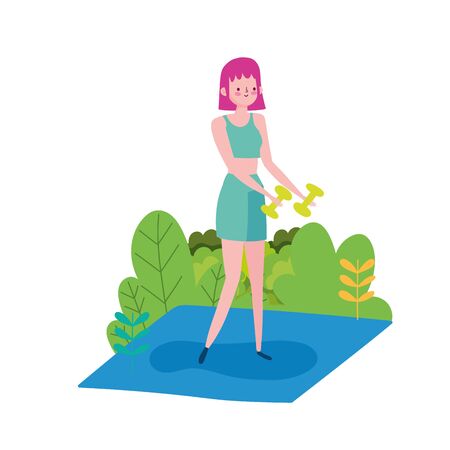 young woman training with gym dumbbells outdoor isolated icon white background vector illustrationのイラスト素材