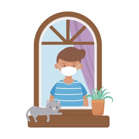 stay at home, boy with medical mask and cat in the window vector illustrationのイラスト素材