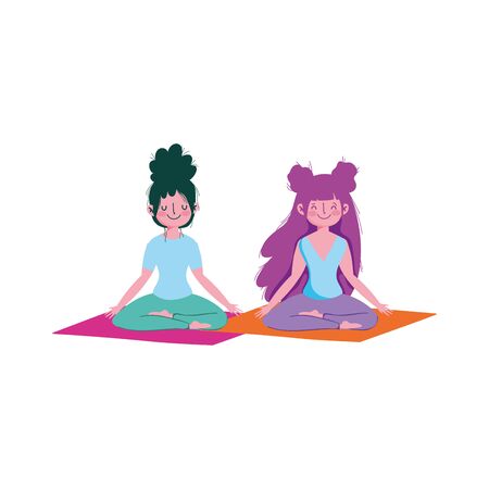 happy girl practicing yoga on mat, exercises at home vector illustrationのイラスト素材