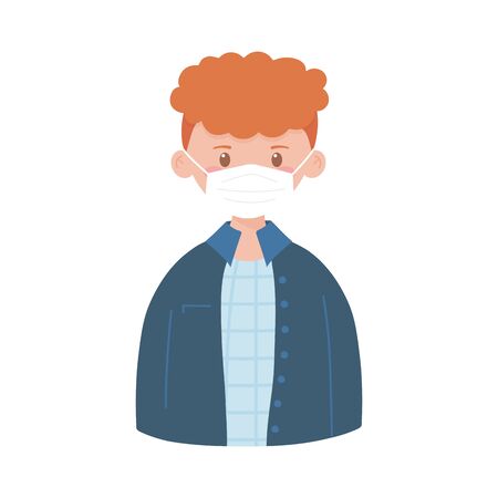 covid 19 coronavirus, young boy with medical mask isolated icon white background vector illustrationのイラスト素材