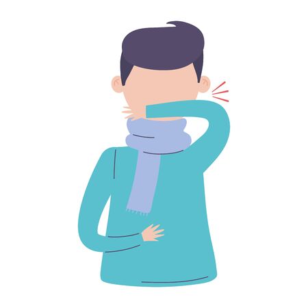 covid 19 coronavirus, sick man coughing cover mouth with elbow, isolated iconのイラスト素材