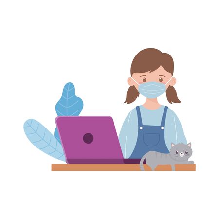 stay at home, girl with mask laptop and cat studyingのイラスト素材