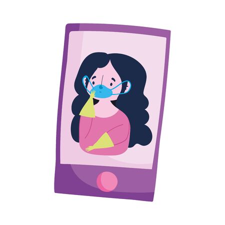 covid 19 coronavirus, smartphone girl with mask and medical gloves, icon white backgroundのイラスト素材