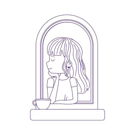 covid 19 coronavirus, young woman with coffee cup in window, line styleのイラスト素材
