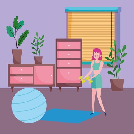 young woman with dumbbells and fitball mat in the room, exercises at homeのイラスト素材