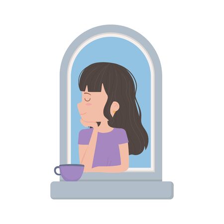 covid 19 coronavirus, young woman with coffee cup in window,のイラスト素材