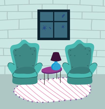 quarantine stay at home, armchairs table with lamp and windowのイラスト素材