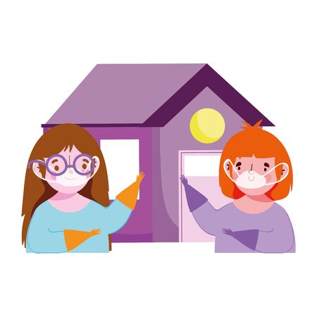 covid 19 coronavirus, people stay at home prevention mask and glovesのイラスト素材