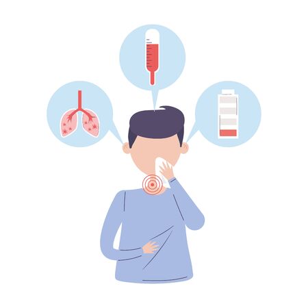 covid 19 quarantine, sick man with sore throat and coughのイラスト素材