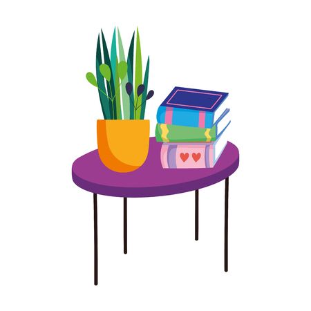 tabe with stack of books and potted plant decorationのイラスト素材